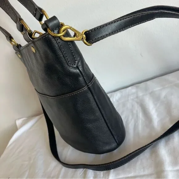 FOSSIL Black Leather Tote shoulder Bag crossbody Satchel Sydney Ryder Gemma Kyle - Picture 2 of 13